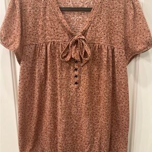 LOFT Women's Dusty Rose and Black Polka Dot Top with Front Tie MShort Sleeve Top